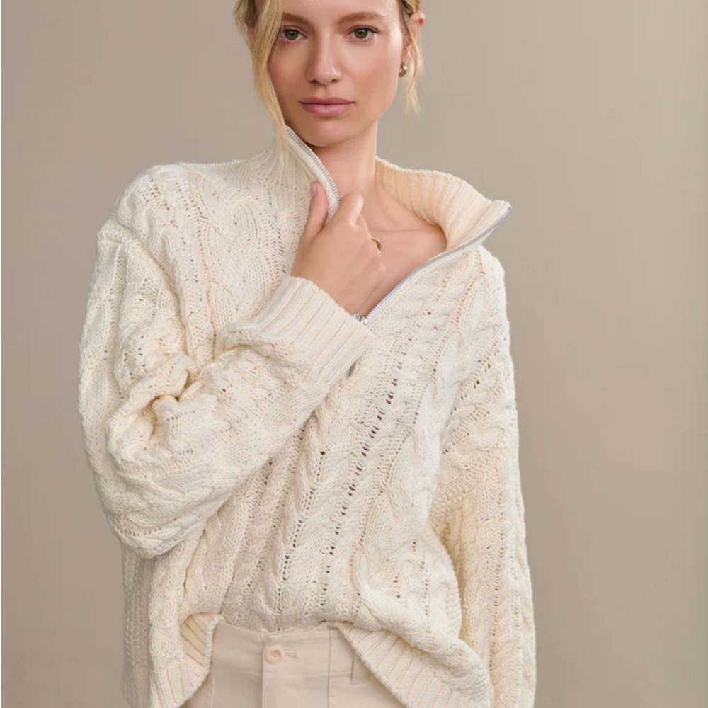 Jenni Kayne White Cable Knit Half Zip Sweater
